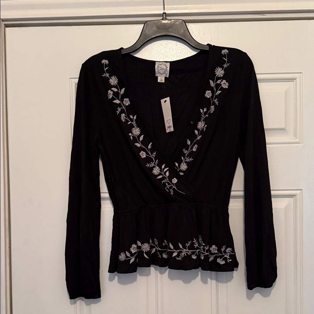Blue Rain Black Blouse with White Embroidery